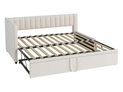 Cama com gavetão 90/180x200cm em veludo - Bege (colchão não incluído)