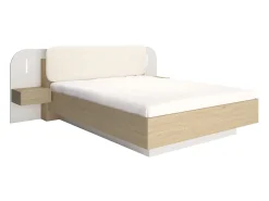 Cama com mesas de cabeceira 160 x 200 cm com leds bege e natural + estrado - LYORIMA