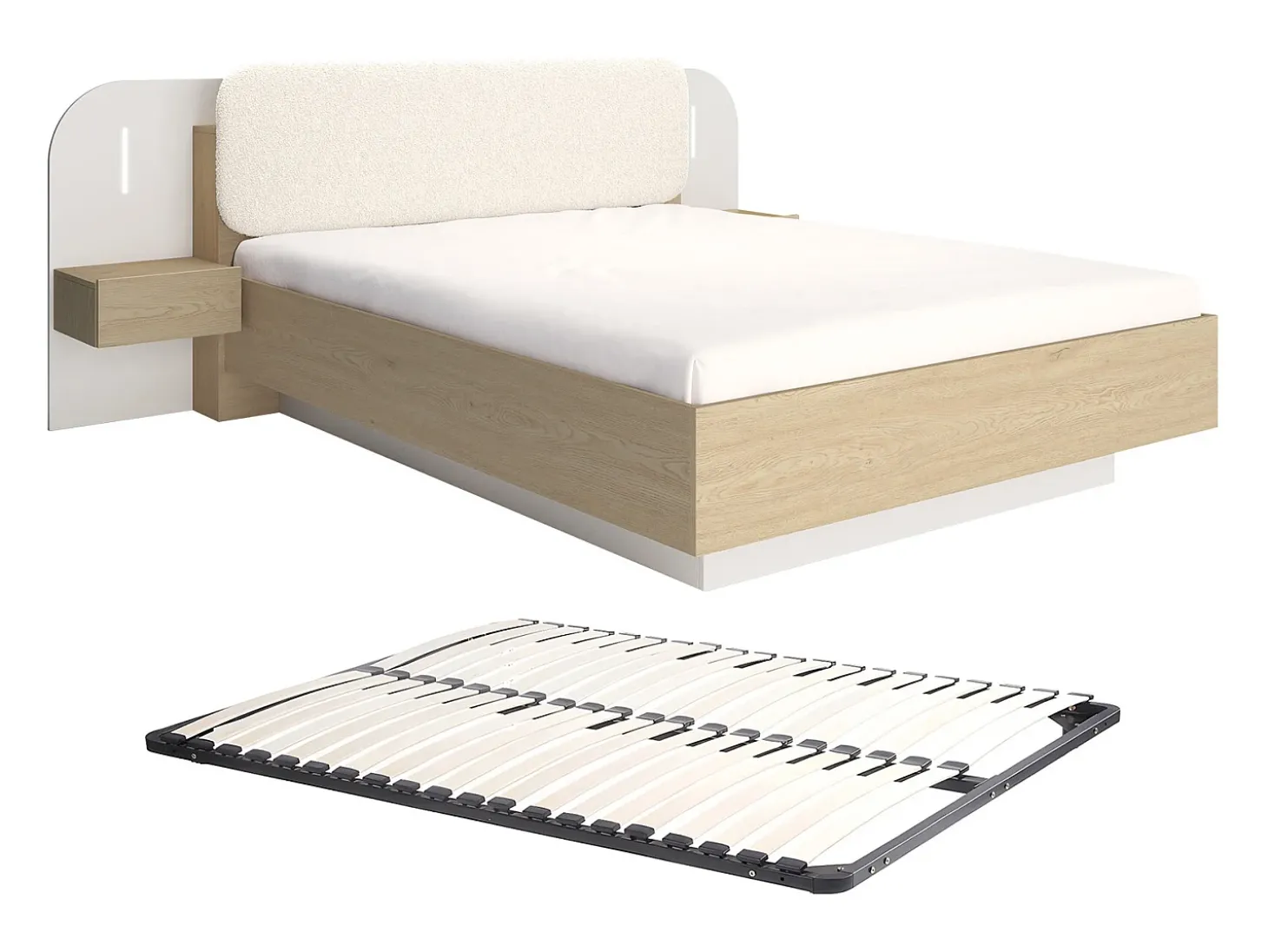 Cama com mesas de cabeceira 160 x 200 cm com leds bege e natural + estrado - LYORIMA