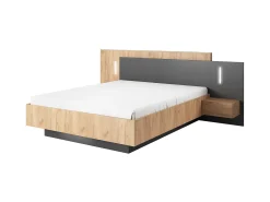 Cama com mesas de cabeceira 2 gavetas 160x200cm LEDs natural antracite + estrado de ripas FRANCOLI