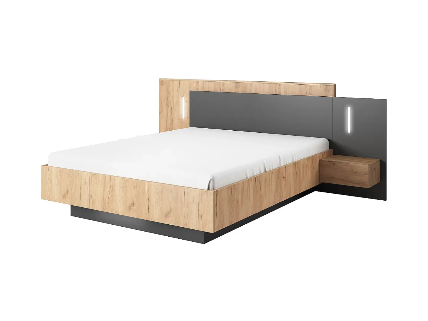 Cama com mesas de cabeceira 2 gavetas 160x200cm LEDs natural antracite + estrado de ripas FRANCOLI