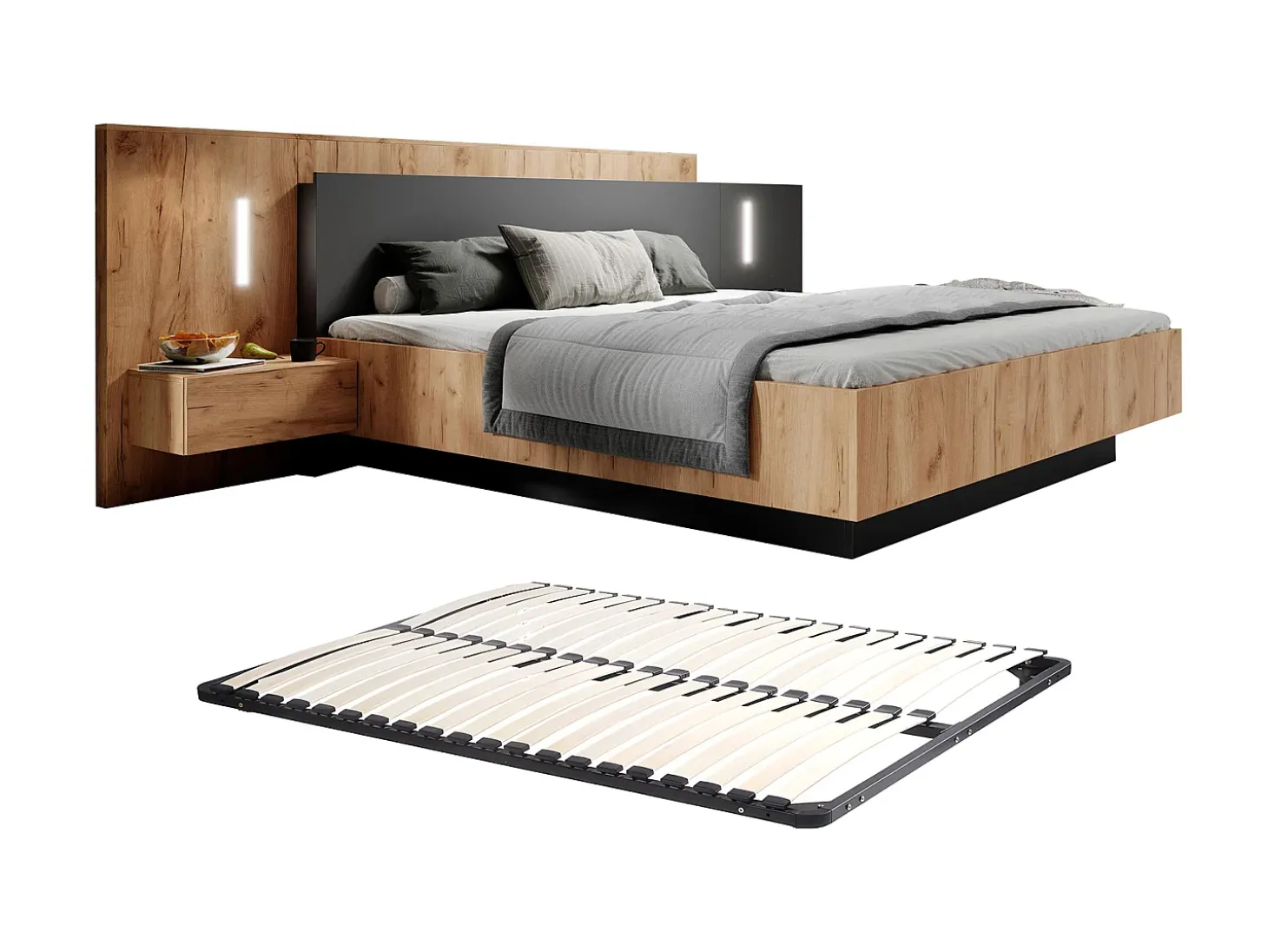 Cama com mesas de cabeceira 2 gavetas 160x200cm LEDs natural antracite + estrado de ripas FRANCOLI