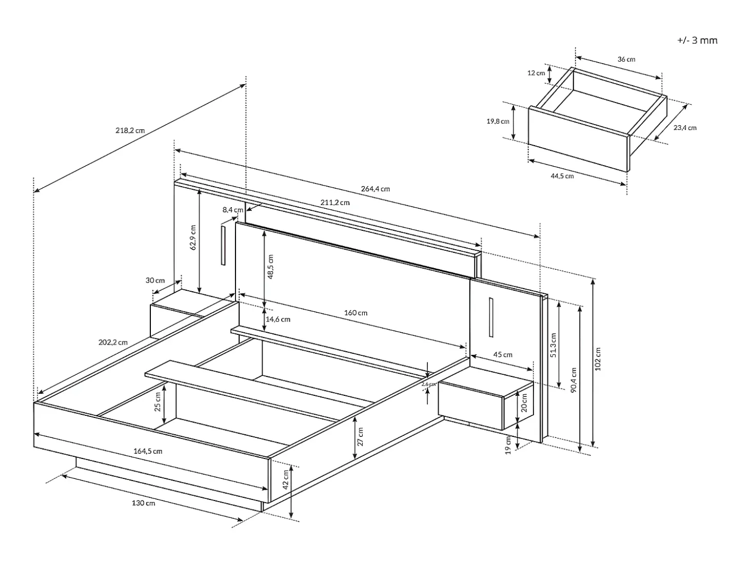 Cama com mesas de cabeceira 2 gavetas 160x200cm LEDs natural antracite + estrado de ripas FRANCOLI
