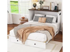 Cama com roupeiro 140 x 200, com gavetas na extremidade da cama e prateleiras na cabeceira da cama, com USB e tomadas, branco
