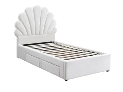 Cama concha 90 x 190 cm com 2 gavetas em veludo branco - MOANA