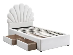 Cama concha 90 x 190 cm com 2 gavetas em veludo branco - MOANA