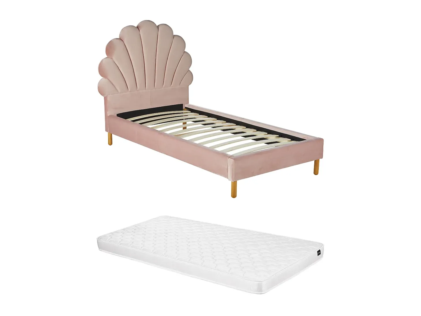 Cama criança 90x190 cabeceira em concha veludo rosa + Colchão - MOANA