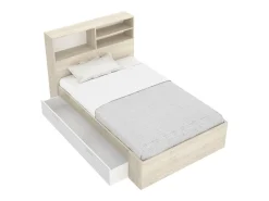 Cama de 120 x 190 cm com arrumação em tons naturais e branco - VARDIEL