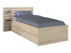 Cama de 90 x 200 cm com arrumação, cor natural + estrado de ripas - TENALIA