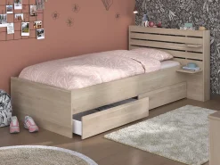 Cama de 90 x 200 cm com arrumação, cor natural + estrado de ripas - TENALIA