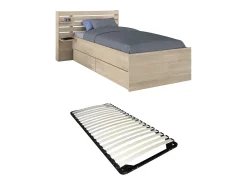 Cama de 90 x 200 cm com arrumação, cor natural + estrado de ripas - TENALIA