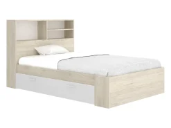 Cama de 120 x 190 cm com arrumação em natural e branco + estrado de ripas - VARDIEL