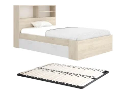 Cama de 120 x 190 cm com arrumação em natural e branco + estrado de ripas - VARDIEL