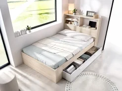 Cama de 120 x 190 cm com arrumação em natural e branco + estrado de ripas + colchão - VARDIEL