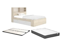 Cama de 120 x 190 cm com arrumação em natural e branco + estrado de ripas + colchão - VARDIEL