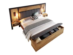 Cama de adulto 160×200cm - com luz de leitura + tomadas de carga + banco de arrumação - com base metálica - Natural