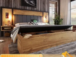 Cama de adulto 160×200cm - com luz de leitura + tomadas de carga + banco de arrumação - com base metálica - Natural