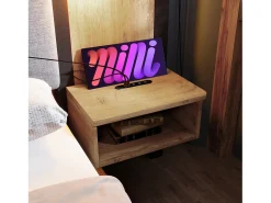 Cama de adulto 160×200cm - com luz de leitura + tomadas de carga + banco de arrumação - com base metálica - Natural