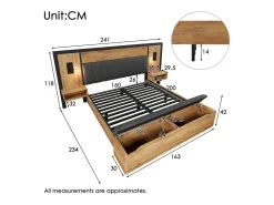 Cama de adulto 160×200cm - com luz de leitura + tomadas de carga + banco de arrumação - com base metálica - Natural