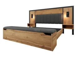 Cama de adulto 160×200cm - com luz de leitura + tomadas de carga + banco de arrumação - com base metálica - Natural