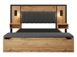 Cama de adulto 160×200cm - com luz de leitura + tomadas de carga + banco de arrumação - com base metálica - Natural