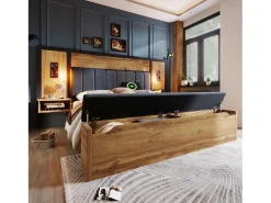 Cama de adulto 160×200cm - com luz de leitura + tomadas de carga + banco de arrumação - com base metálica - Natural