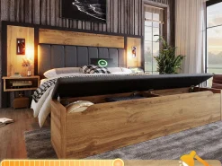 Cama de adulto 180×200cm - com luz de leitura + tomadas de carga + banco de arrumação - com base metálica - Natural