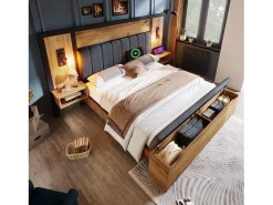 Cama de adulto 180×200cm - com luz de leitura + tomadas de carga + banco de arrumação - com base metálica - Natural