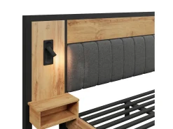 Cama de adulto 180×200cm - com luz de leitura + tomadas de carga + banco de arrumação - com base metálica - Natural