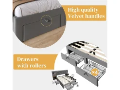 Cama de adulto em veludo 180x200 cm - com 2 mesas de cabeceira e 4 gavetas - 2 luzes de leitura com tomada USB - Cinza (colchão não incluído)
