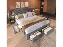 Cama de adulto em veludo 180x200 cm - com 2 mesas de cabeceira e 4 gavetas - 2 luzes de leitura com tomada USB - Cinza (colchão não incluído)