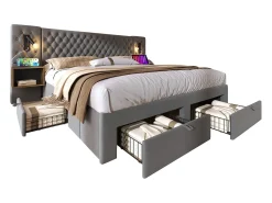 Cama de adulto em veludo 180x200 cm - com 2 mesas de cabeceira e 4 gavetas - 2 luzes de leitura com tomada USB - Cinza (colchão não incluído)