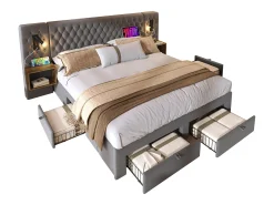 Cama de adulto em veludo 180x200 cm - com 2 mesas de cabeceira e 4 gavetas - 2 luzes de leitura com tomada USB - Cinza (colchão não incluído)