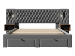 Cama de adulto em veludo 180x200 cm - com 2 mesas de cabeceira e 4 gavetas - 2 luzes de leitura com tomada USB - Cinza (colchão não incluído)
