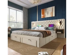 Cama de adulto em veludo 160x200 cm - com 2 mesas de cabeceira e 4 gavetas - 2 luzes de leitura com tomada USB - Bege (colchão não incluído)