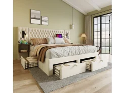 Cama de adulto em veludo 160x200 cm - com 2 mesas de cabeceira e 4 gavetas - 2 luzes de leitura com tomada USB - Bege (colchão não incluído)