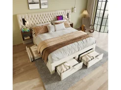 Cama de adulto em veludo 160x200 cm - com 2 mesas de cabeceira e 4 gavetas - 2 luzes de leitura com tomada USB - Bege (colchão não incluído)