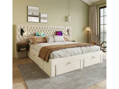 Cama de adulto em veludo 160x200 cm - com 2 mesas de cabeceira e 4 gavetas - 2 luzes de leitura com tomada USB - Bege (colchão não incluído)