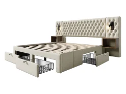 Cama de adulto em veludo 160x200 cm - com 2 mesas de cabeceira e 4 gavetas - 2 luzes de leitura com tomada USB - Bege (colchão não incluído)