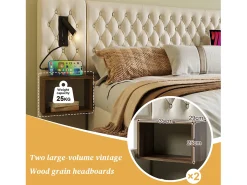 Cama de adulto em veludo 180x200 cm - com 2 mesas de cabeceira e 4 gavetas - 2 luzes de leitura com tomada USB - Bege (colchão não incluído)