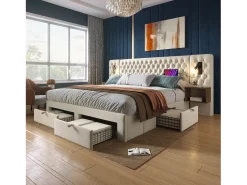 Cama de adulto em veludo 180x200 cm - com 2 mesas de cabeceira e 4 gavetas - 2 luzes de leitura com tomada USB - Bege (colchão não incluído)
