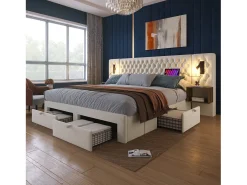 Cama de adulto em veludo 180x200 cm - com 2 mesas de cabeceira e 4 gavetas - 2 luzes de leitura com tomada USB - Bege (colchão não incluído)