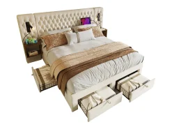 Cama de adulto em veludo 180x200 cm - com 2 mesas de cabeceira e 4 gavetas - 2 luzes de leitura com tomada USB - Bege (colchão não incluído)