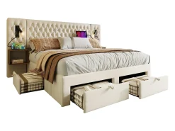 Cama de adulto em veludo 180x200 cm - com 2 mesas de cabeceira e 4 gavetas - 2 luzes de leitura com tomada USB - Bege (colchão não incluído)