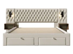 Cama de adulto em veludo 180x200 cm - com 2 mesas de cabeceira e 4 gavetas - 2 luzes de leitura com tomada USB - Bege (colchão não incluído)