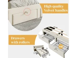 Cama de adulto em veludo 180x200 cm - com 2 mesas de cabeceira e 4 gavetas - 2 luzes de leitura com tomada USB - Bege (colchão não incluído)