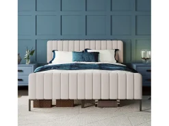 Cama de adulto forrada em tecido de linho - 180x200 cm - com cabeceira ajustável e base de ripas - Cinza claro