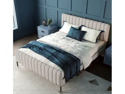 Cama de adulto forrada em tecido de linho - 180x200 cm - com cabeceira ajustável e base de ripas - Cinza claro