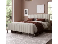 Cama de adulto forrada em tecido de linho - 180x200 cm - com cabeceira ajustável e base de ripas - Cinza claro
