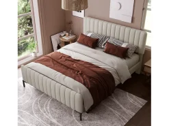 Cama de adulto forrada em tecido de linho - 180x200 cm - com cabeceira ajustável e base de ripas - Cinza claro